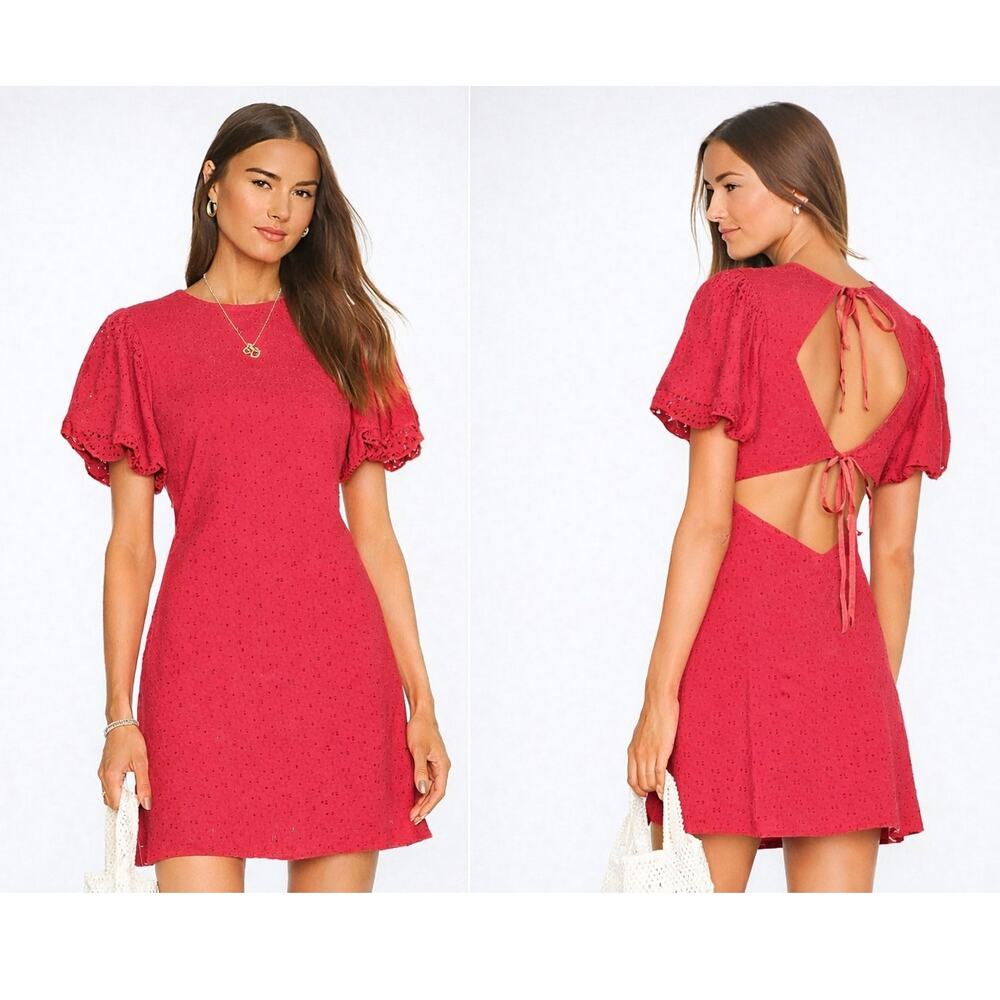 NEW Free People Rose Red Eyelet Mini Dress Cutout Back Puff Sleeve Womens Lg